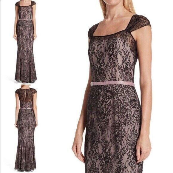 Q-14 Verdin New York lace long gown cap sleeve evening BLACK NUDE sz 12 $1199 - Picture 1 of 2
